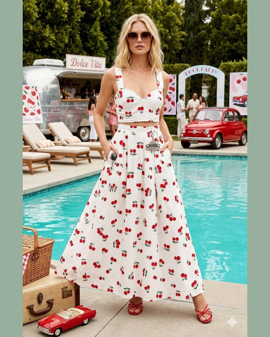 CHERRY SET – Crop top & maxi skirt with cherry print – One Size