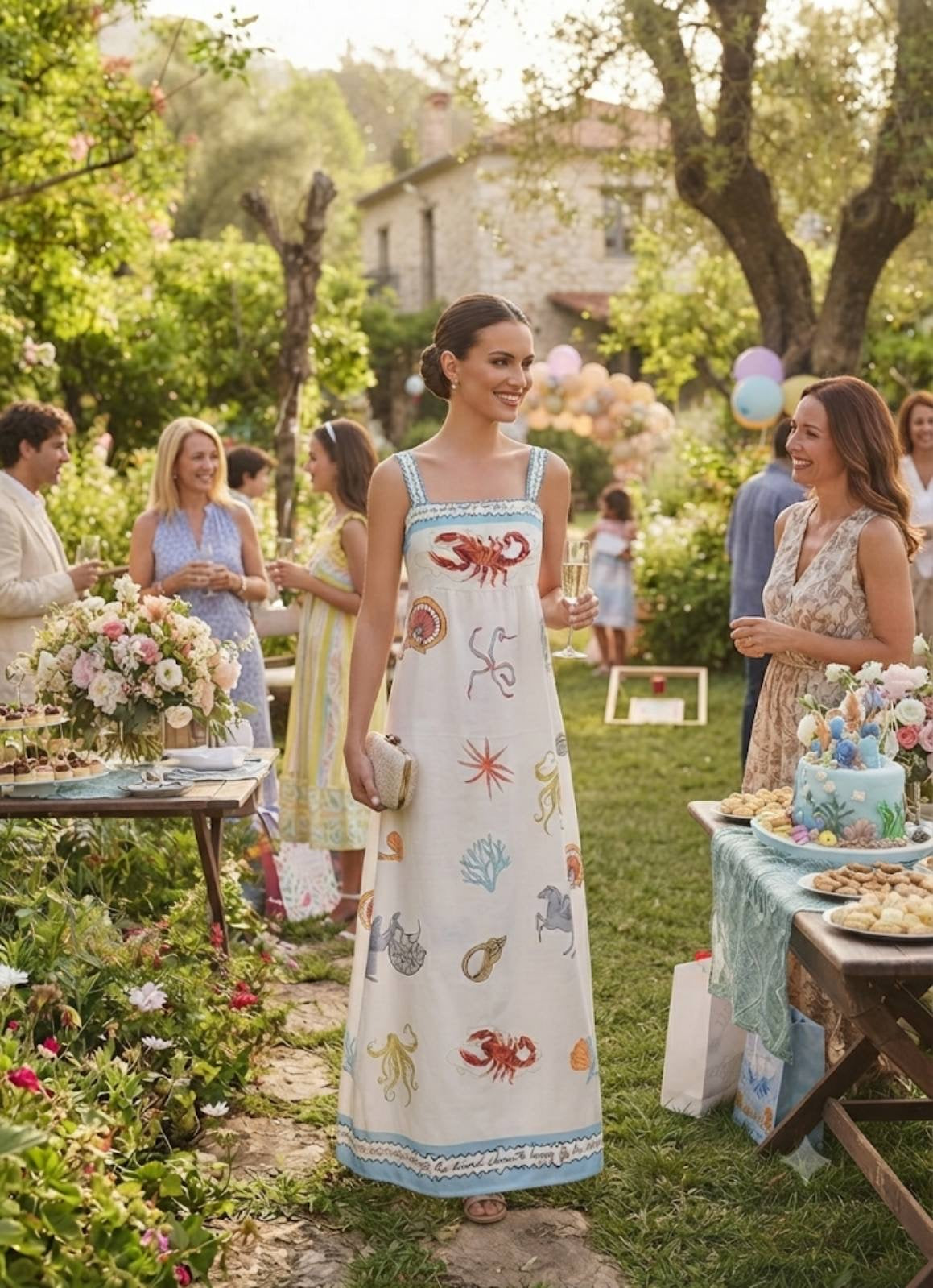 CANNES DRESS – White Sea Creatures Embroidered Maxi Dress – One Size