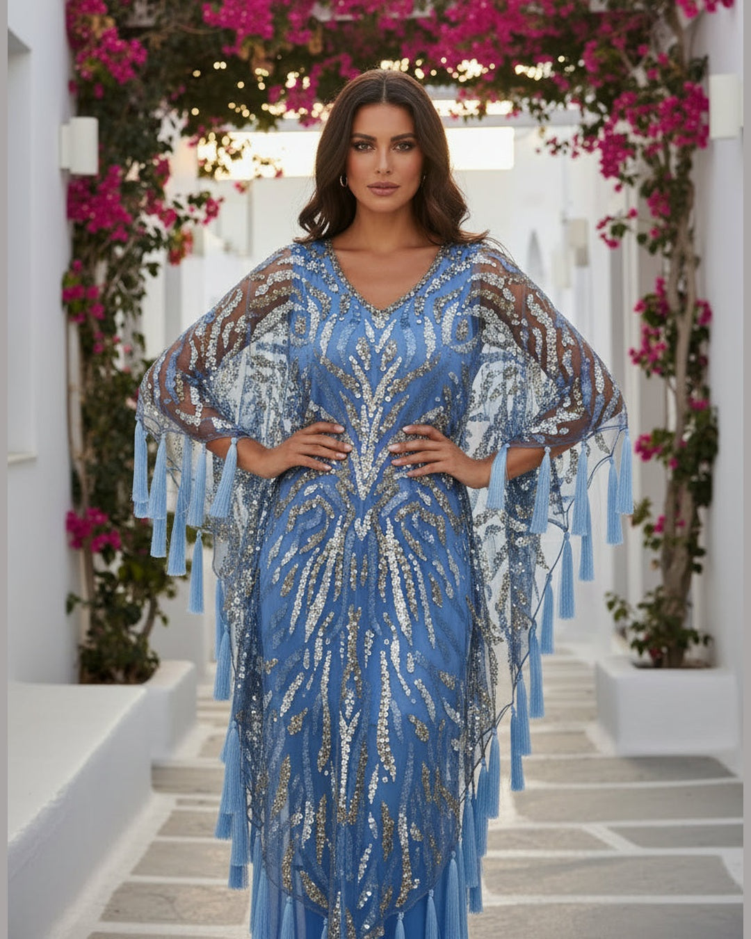 BLUE SEQUIN TASSEL KAFTAN | Embellished & One Size