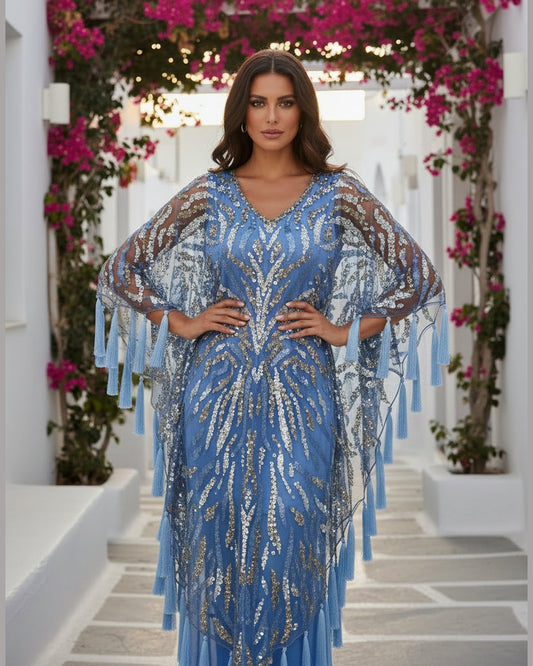 BLUE SEQUIN TASSEL KAFTAN | Embellished & One Size