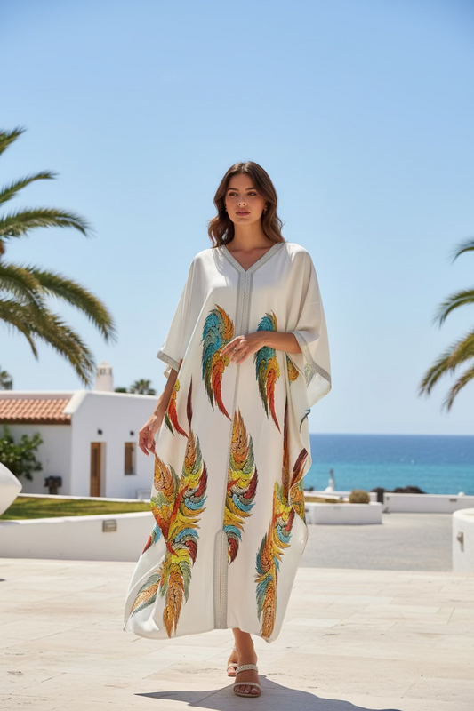 PARADISE KAFTAN – White Tropical Feather Print Kaftan Dress with Inner Belt – One Size
