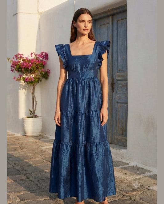 SHINY COWGIRL | Navy Blue Tiered Maxi Dress with Ruffle Sleeves