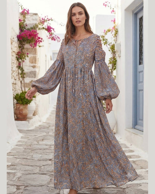 SATIN DREAM | Paisley Print Boho Maxi Dress with Balloon Sleeves