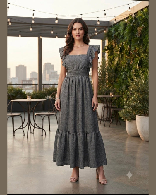 SEPTEMBER | Grey Tiered Maxi Dress with Ruffle Sleeves