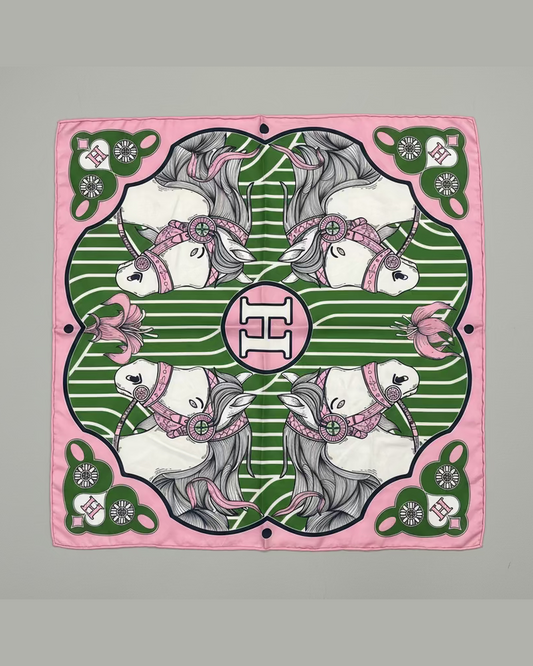 EQUESTRIAN MEDALLION SCARF | Green & Pink Horse Print 64x64cm