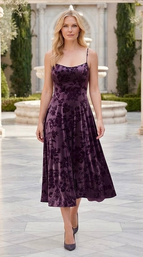 VELVET PLUM | Floral Velvet Midi Dress