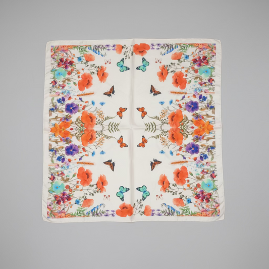 BUTTERFLY GARDEN SCARF | Ivory Floral & Butterfly Print 64x64cm