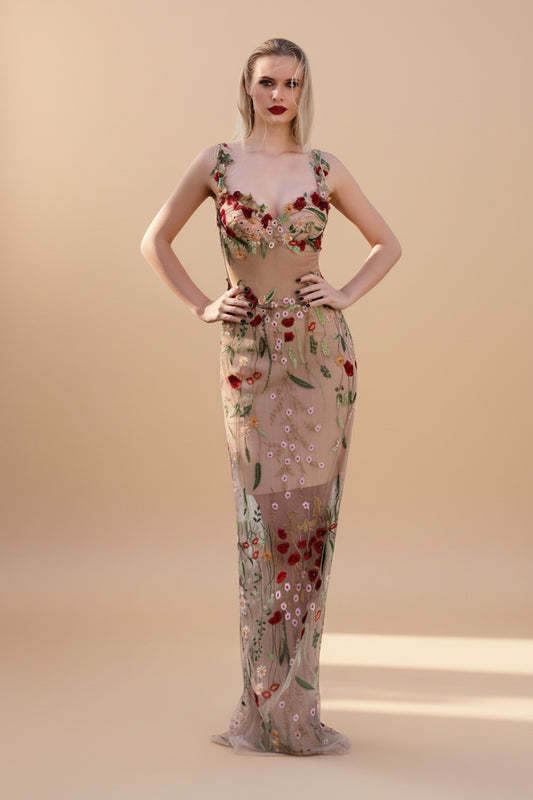 GOLDEN BLOOM – 3D Floral Tulle Dress ZINAS