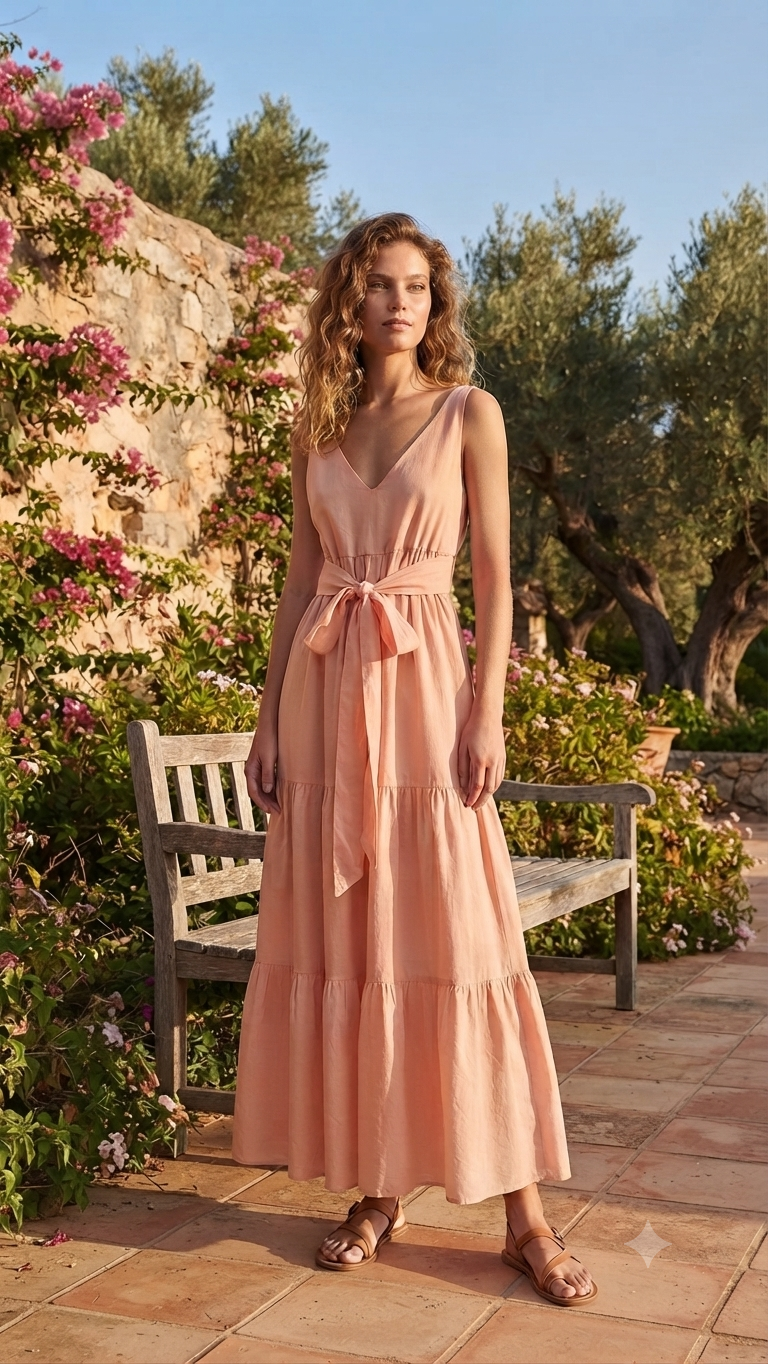 ROSÉ DRESS – Dusty Pink V-Neck Tiered Maxi Dress with Waist Bow – One Size