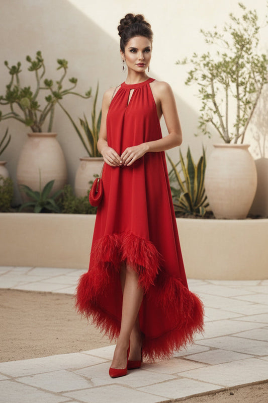 SCARLET FEATHER MAXI DRESS – Red Halter Maxi Dress with Feather Hem & Keyhole Neckline – One Size