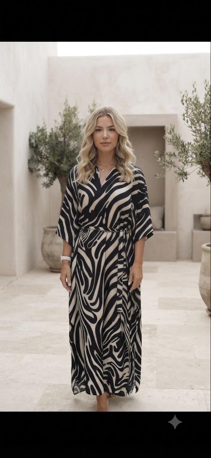 ZEBRA SILK KAFTAN | Maxi Φόρεμα 100% Μετάξι με Zebra Print & Εξωτερική Ζώνη – One Size