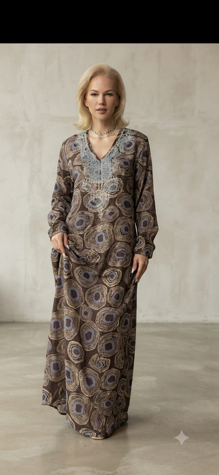 ANAFI KAFTAN – Brown Abstract Print Maxi Dress with Blue Embroidery & Long Sleeves – One Size