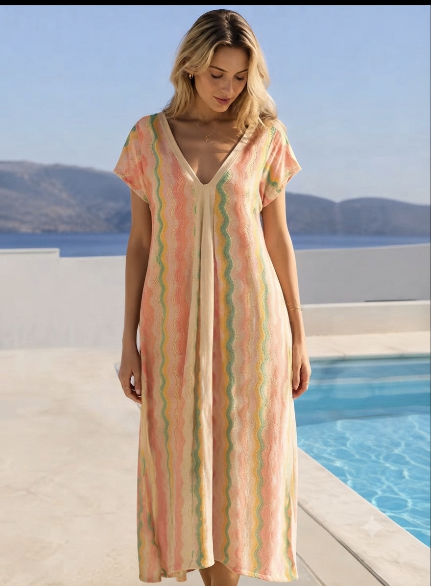 WAVE KAFTAN DRESS | Multicolor Wavy Stripe Maxi Dress
