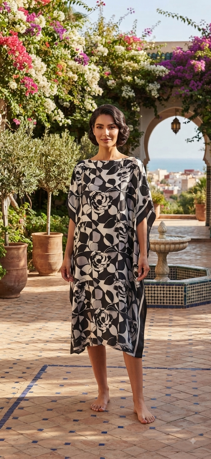 FIRA KAFTAN DRESS – Black & Ivory Abstract Floral Print Kaftan Dress – One Size
