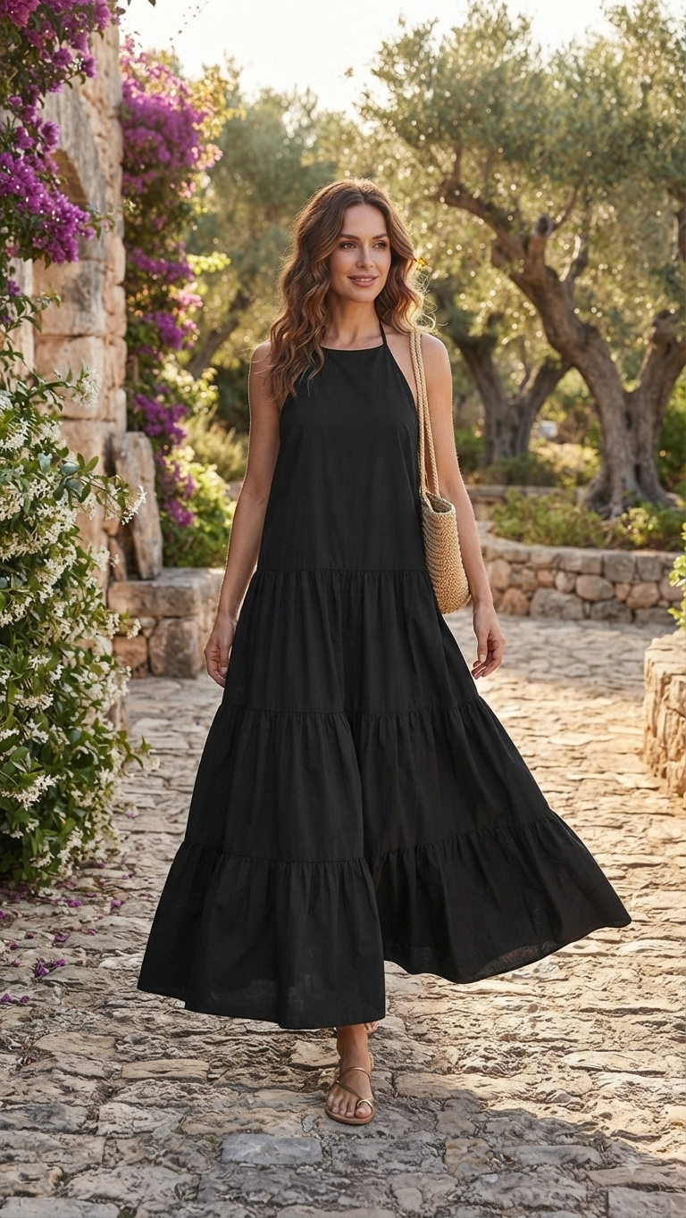 BLACK LINEN MAXI DRESS | Women's Halter Tiered Dress