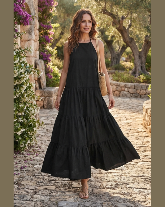BLACK LINEN MAXI DRESS | Women's Halter Tiered Dress