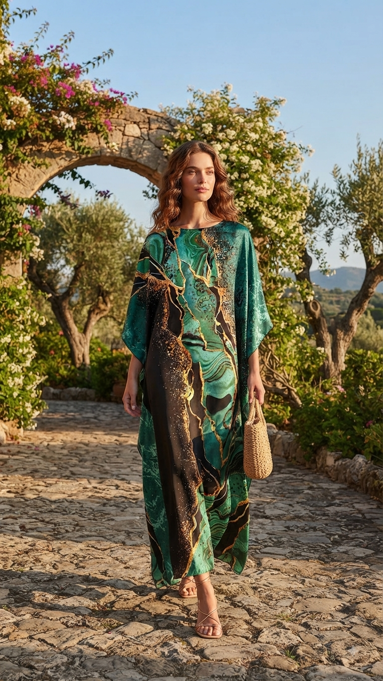 NICE KAFTAN | Women's Marble Print Satin Kaftan