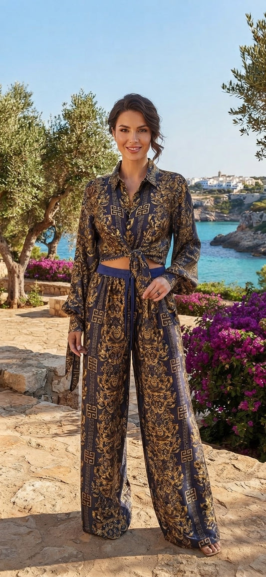 MEANDER DUBAI SET | Baroque Print Shirt & Wide-Leg Pants