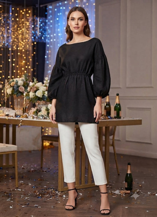 NOIR | Black Linen Tunic Mini Dress – One Size