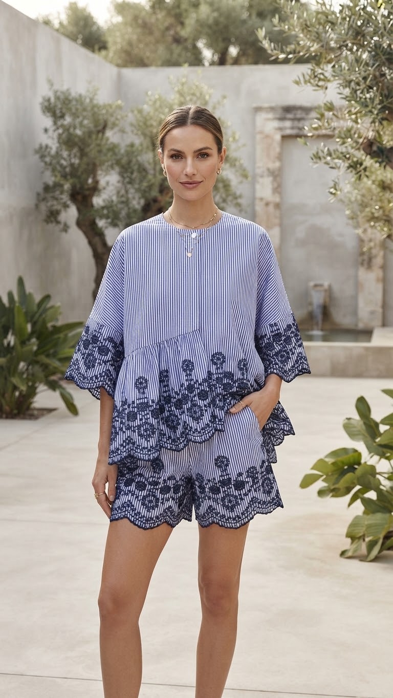 AEGEAN SET | Striped Embroidered Blouse & Shorts