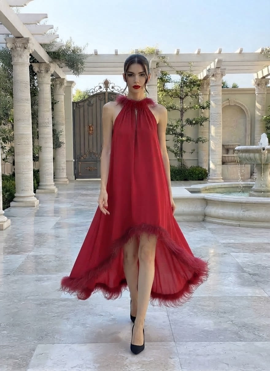 SCARLET FEATHER MAXI DRESS – Red Halter Maxi Dress with Feather Hem & Keyhole Neckline – One Size