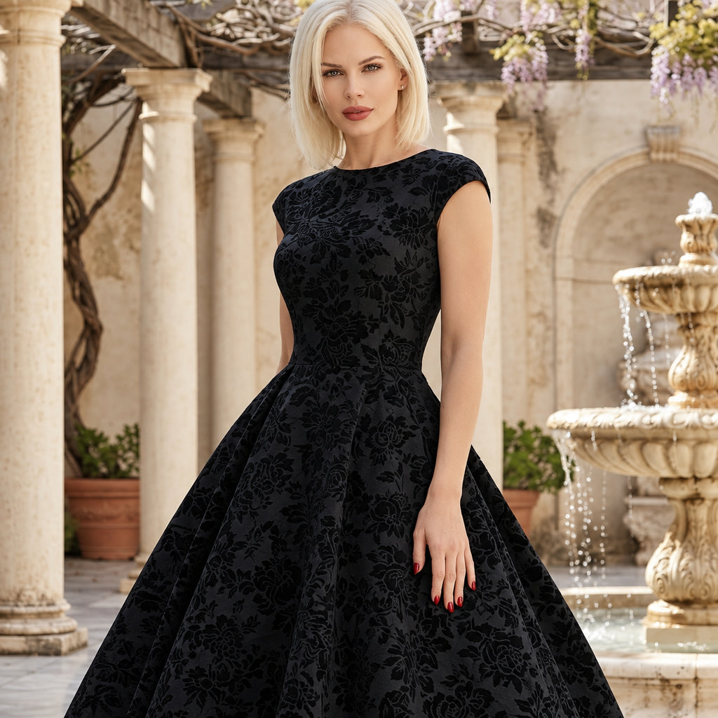 BLACK VELVET | Floral 50s Midi Dress