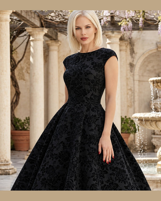 BLACK VELVET | Floral 50s Midi Dress