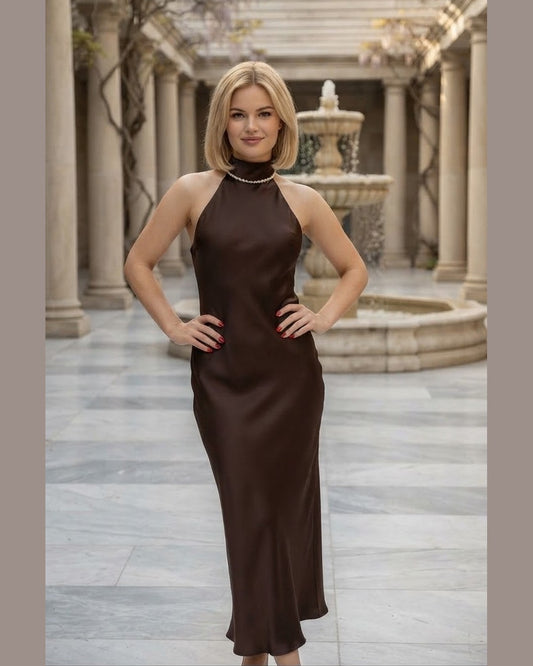 ESPRESSO | Satin Halter Midi Dress