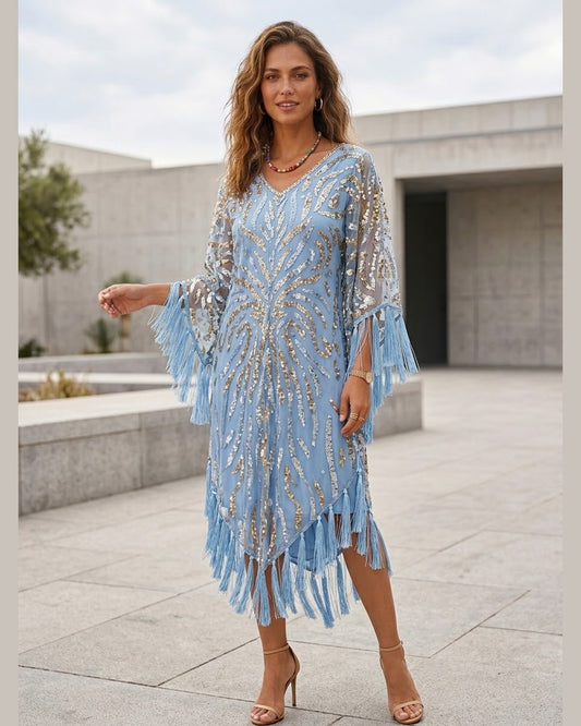 AZURE | Sequin Fringe Kaftan Dress