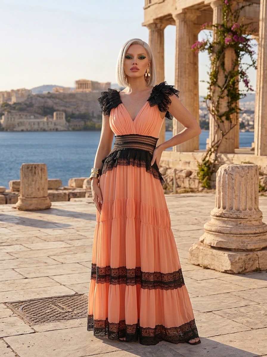 ZINAS PEACH LACE MAXI | Women's Peach Tiered Maxi Dress with Black Lace Detail by Zinas