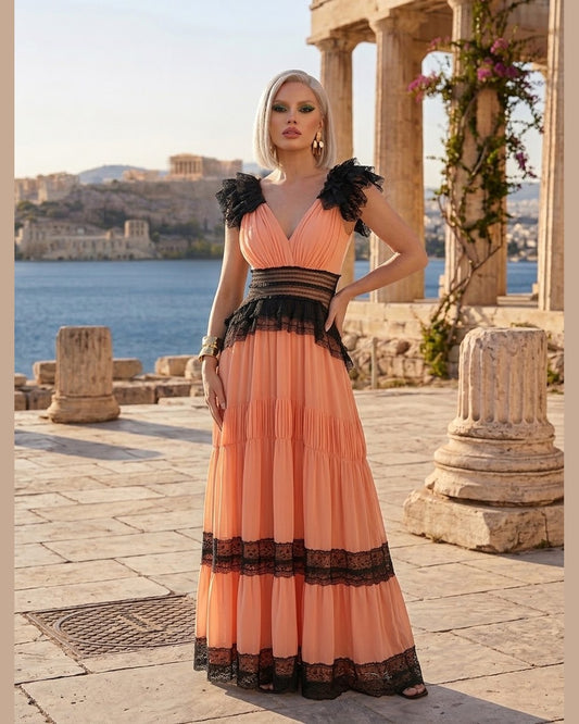 ZINAS PEACH LACE MAXI | Women's Peach Tiered Maxi Dress with Black Lace Detail by Zinas