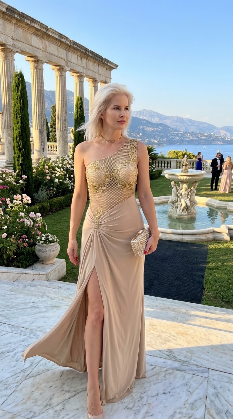 GREEK GODDESS | One-Shoulder Embellished Evening Gown