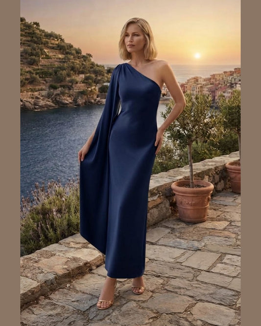 BLUE | Navy One-Shoulder Cape Sleeve Maxi Dress