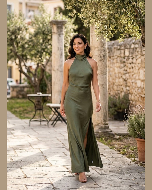 OLIVE GARDEN | Olive Green High-Neck Halter Maxi Dress
