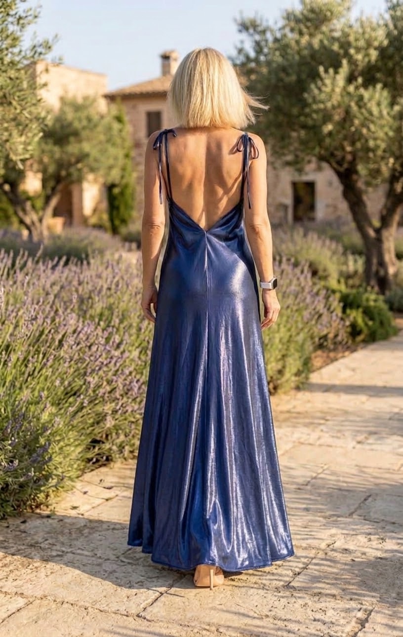 AEGEAN NIGHT | Metallic Blue Open-Back Maxi Dress