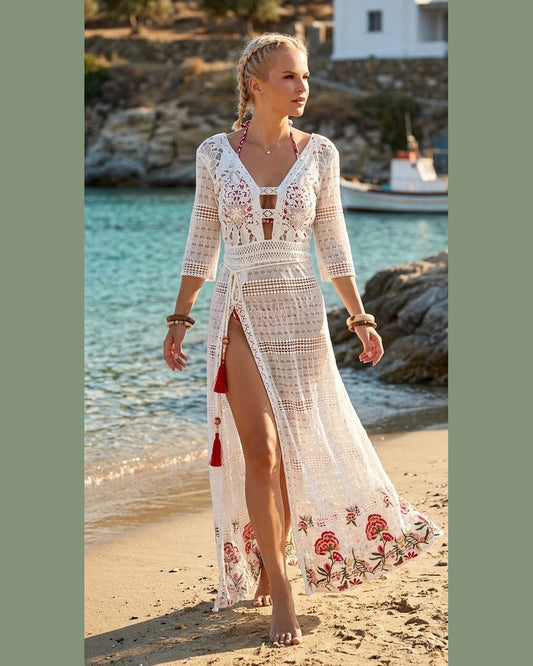 CALDERA | White Crochet Lace Maxi Dress with Floral Embroidery