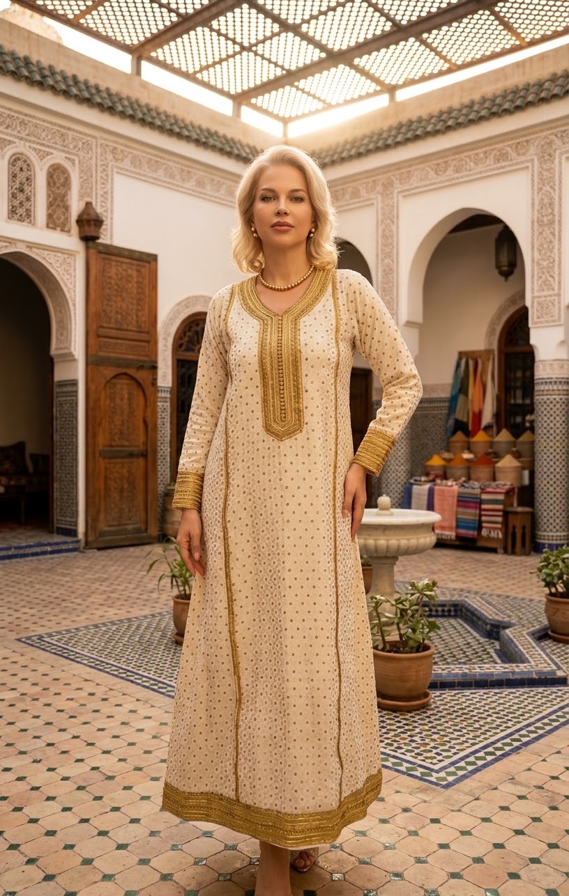 MARRAKECH | Cream Kaftan Maxi Dress with Gold Embroidery