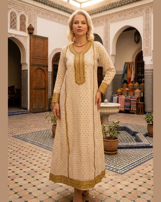 MARRAKECH | Cream Kaftan Maxi Dress with Gold Embroidery