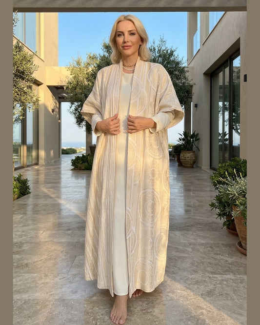 DUBAI PEARL | Cream Jacquard Kimono & Maxi Dress Set
