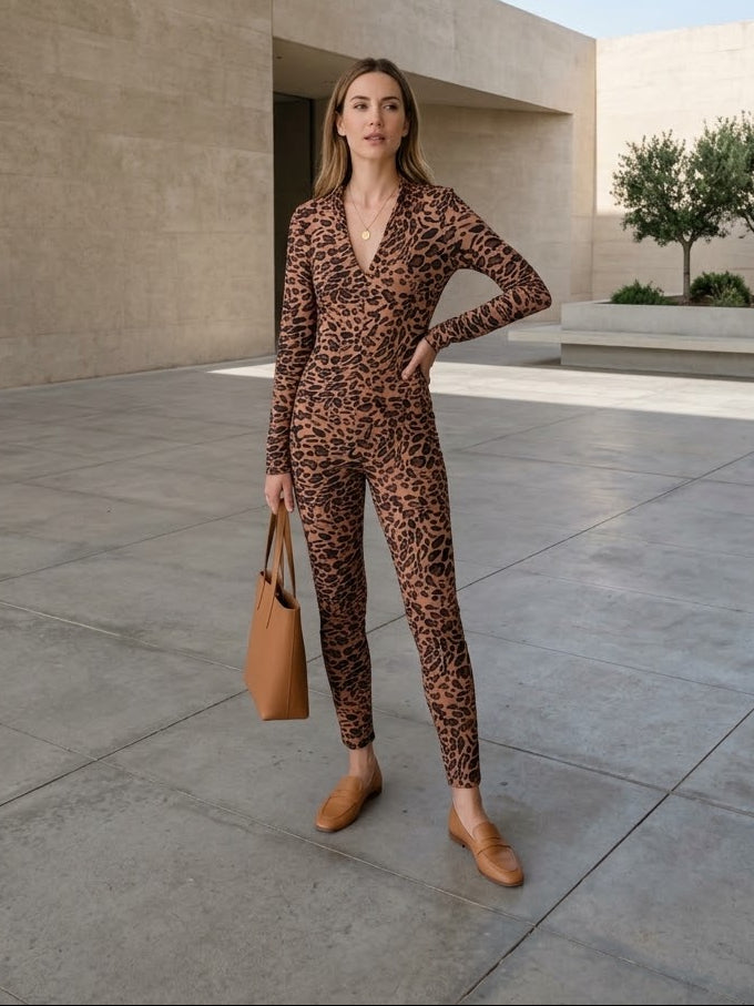 LEO UNIFORM | Leopard Print V-Neck Jumpsuit