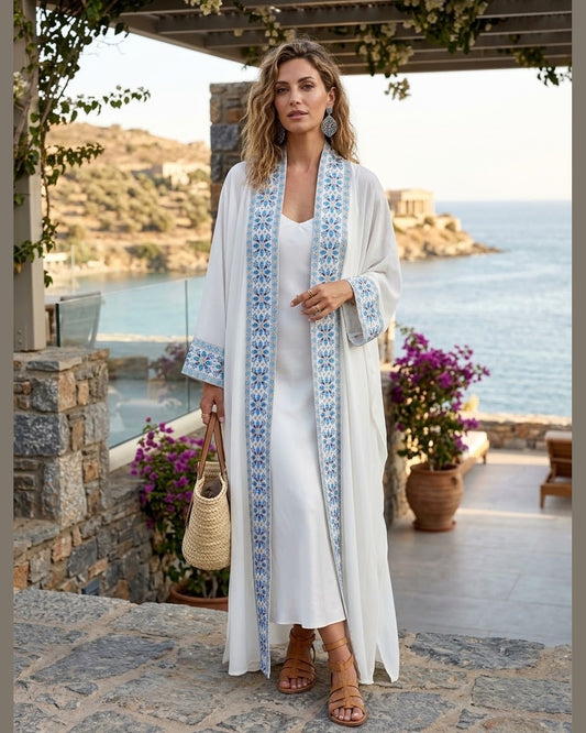 MIGIAKI | White Embroidered Open Kaftan