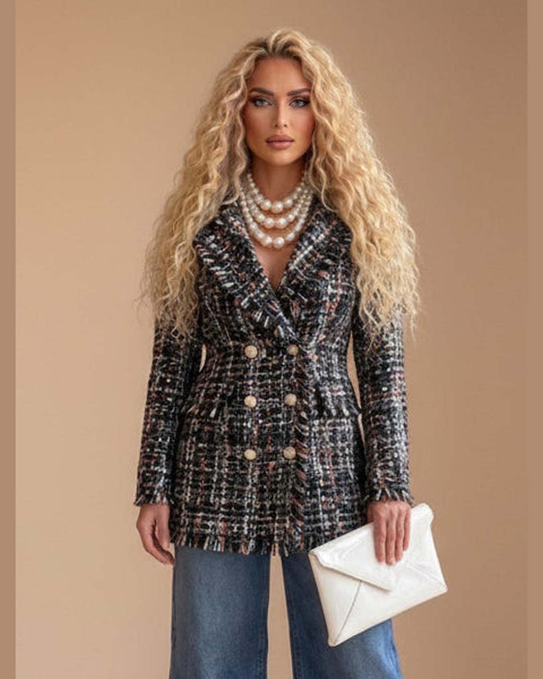 Tweed Blazer με Διπλό Κούμπωμα – Μαύρο Πολύχρωμο | S