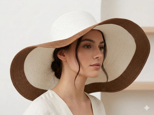 Καπέλο Wide Brim Δίχρωμο Εκρού & Καφέ | Elegant Sun Hat | One Size