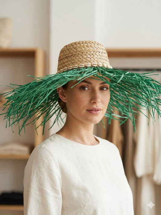 Ψάθινο Καπέλο με Πράσινες Fringe Λεπτομέρειες | Boho Summer Hat | One Size