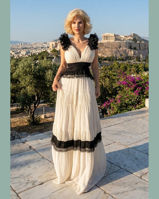 ATHENA | Ivory Tiered Maxi Dress with Black Lace Details