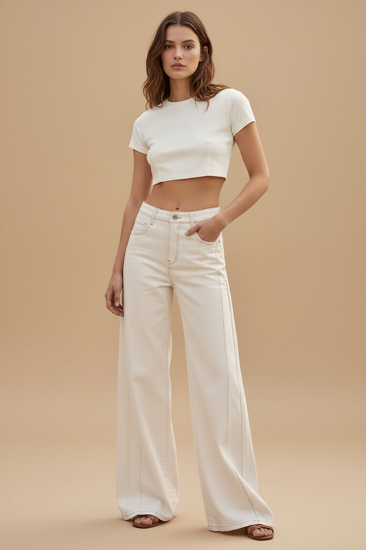 WHITE WIDE LEG DENIM JEANS | High-Waist with Pleats Size M