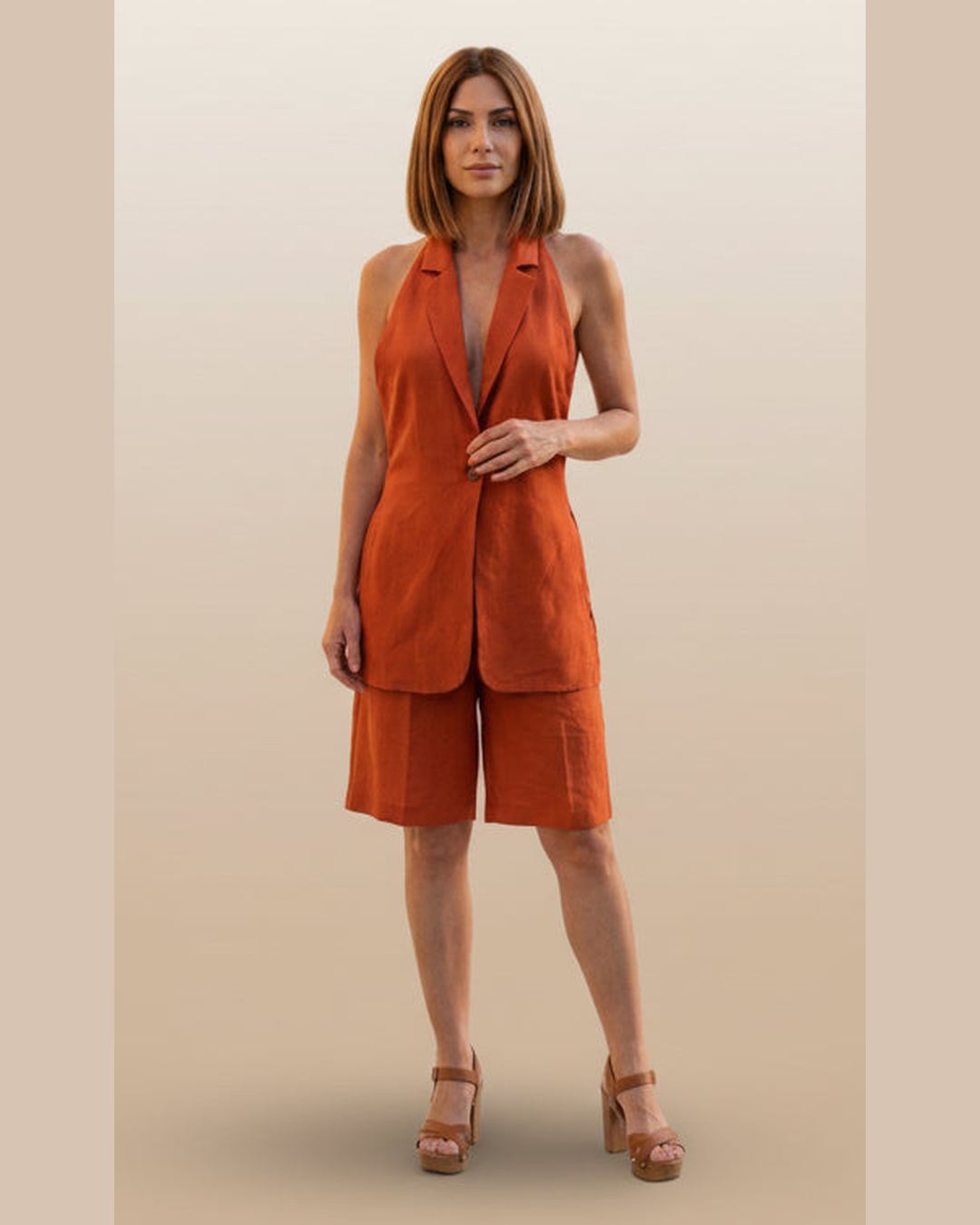 Terracotta Viscose- Linen Set – Backless Top & Bermuda Shorts | One Size S