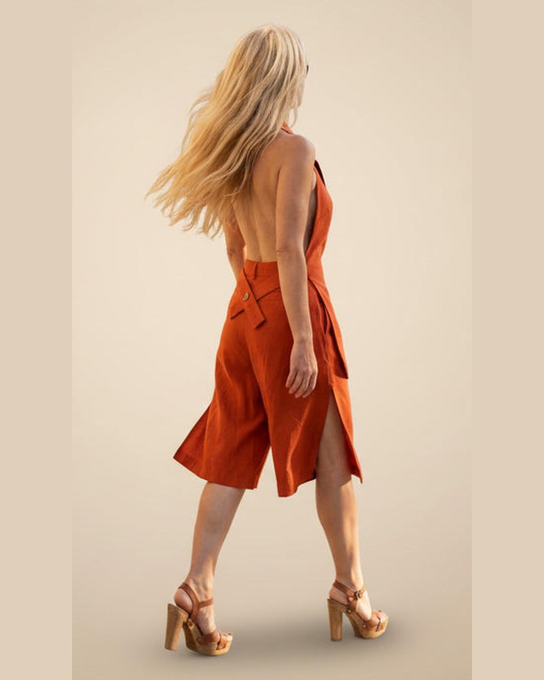 Terracotta Viscose- Linen Set – Backless Top & Bermuda Shorts | One Size S