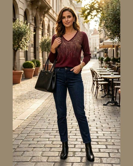 GARNET | Burgundy Embellished V-Neck Blouse