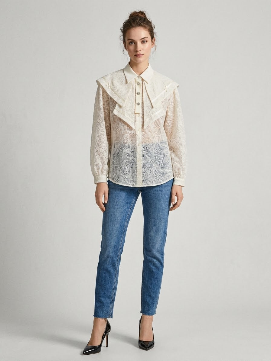 IVORY LACE | Ruffle-Detail Lace Shirt